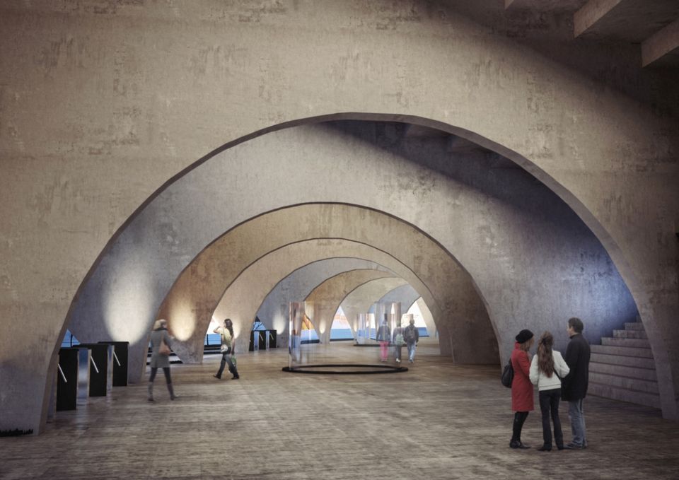 Betonnen booggewelven, mensen in een ruimte